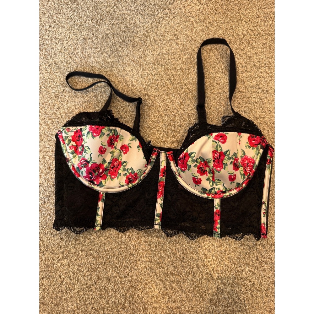 Adore Me Floral Lace Bustier Bra 34C Black Red Rose Longline Underwire Lingerie